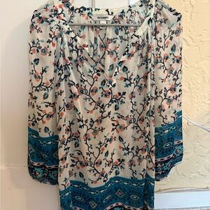 Old Navy Cream Floral Peasant Tunic with Teal Border